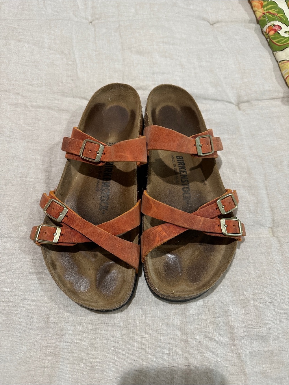 Birkenstock Orange-red Suede Triple-Strap Sandals size 40